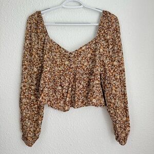 Cotton On brown floral long sleeve peplum cropped blouse, ruched size S